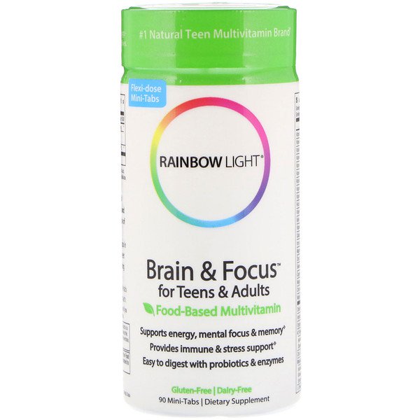Rainbow Light Brain & Focus for Teens & Adults Food-Based Multivitamin 90 Mini-Tabs