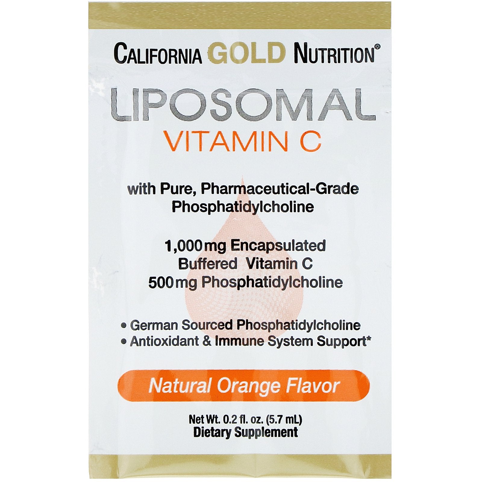 California Gold Nutrition Liposomal Vitamin C Natural Orange Flavor 1000mg 30 Packets 0.2 oz (5.7ml) Each