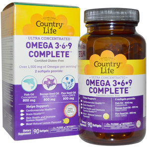 Country Life, Gluten Free, Omega 3-6-9 Concentrated, Lemon, 90 Softgels