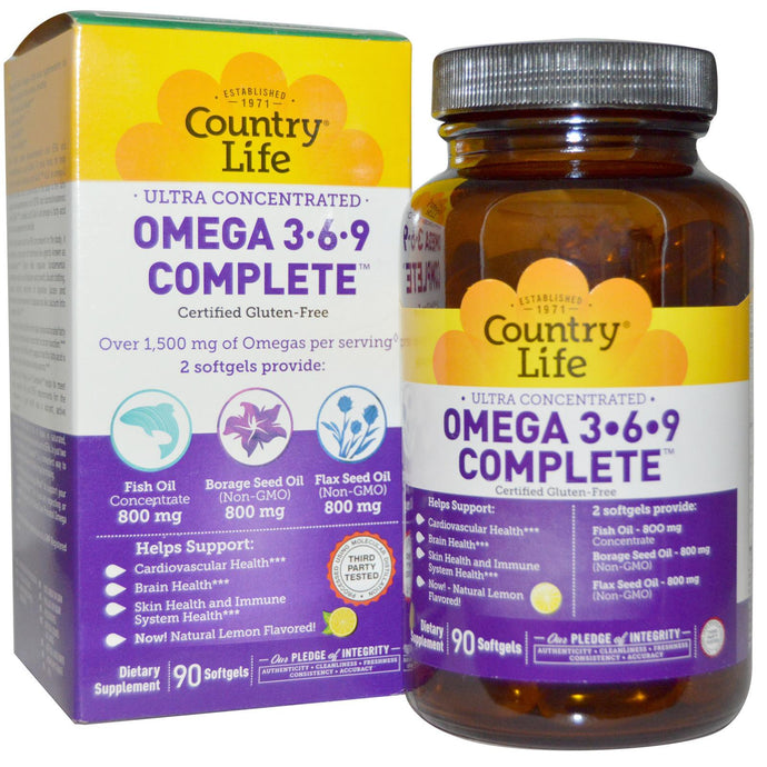 Country Life, Gluten Free, Omega 3-6-9 Concentrated, Lemon, 90 Softgels