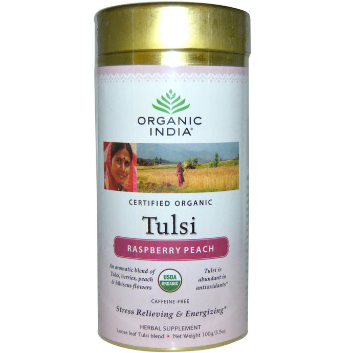 Organic India Loose Leaf Tulsi Blend Tea Raspberry Peach Caffeine Free 100g