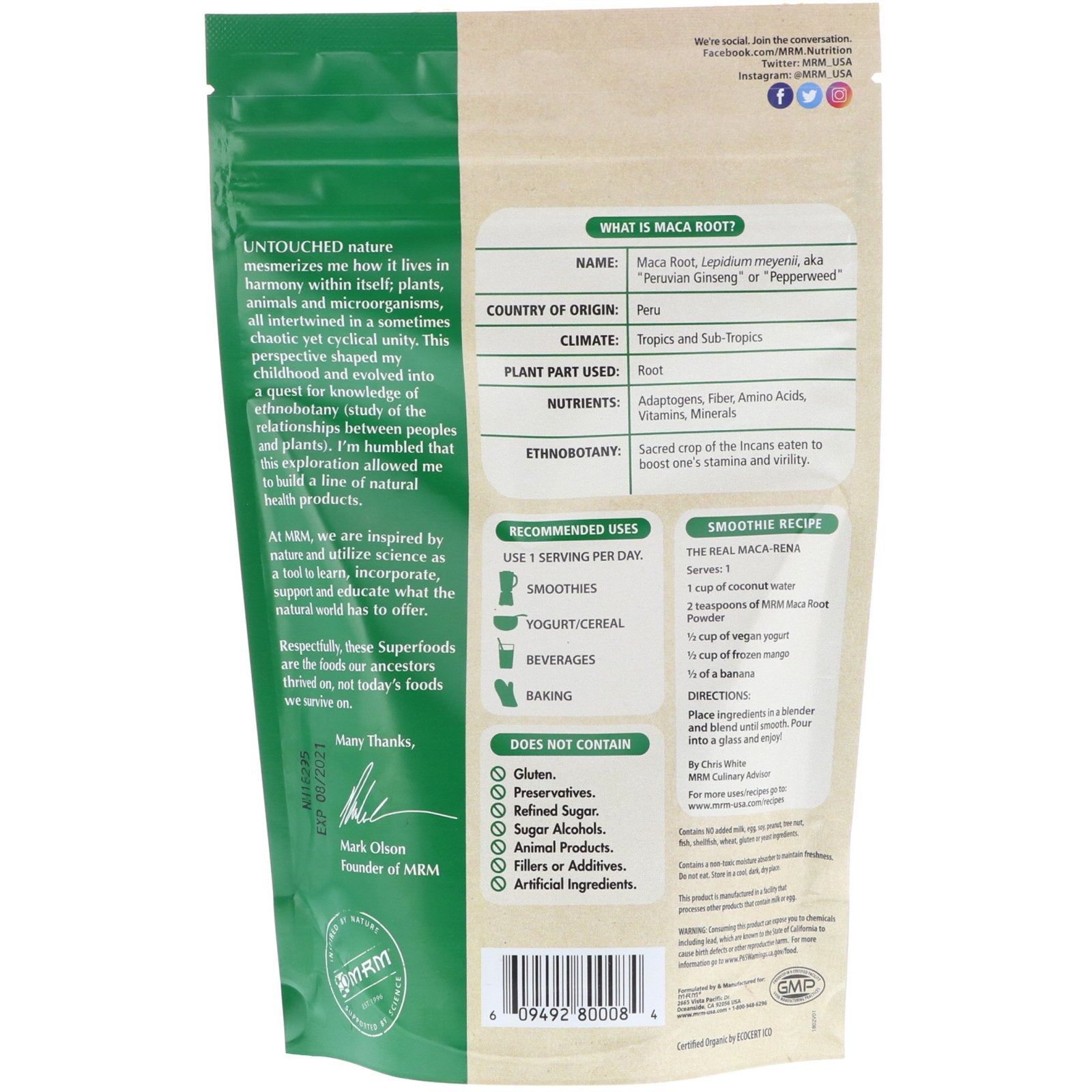 MRM RAW Organic Maca Root Powder 8.5 oz (240g)
