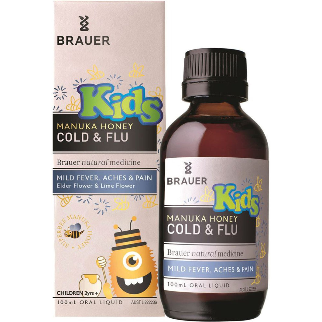 Brauer Kids Manuka Honey Cold & Flu For Mild Fever Aches & Pains 100ml
