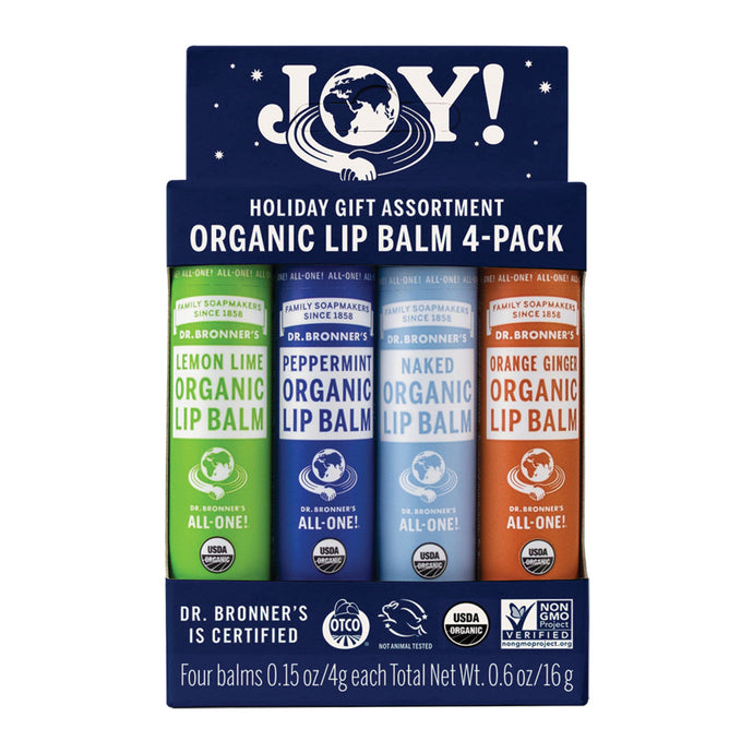 Dr. Bronner's Organic Lip Balm Joy 4g x 4 Pack (Lemon Lime Peppermint Naked & Orange Ginger)