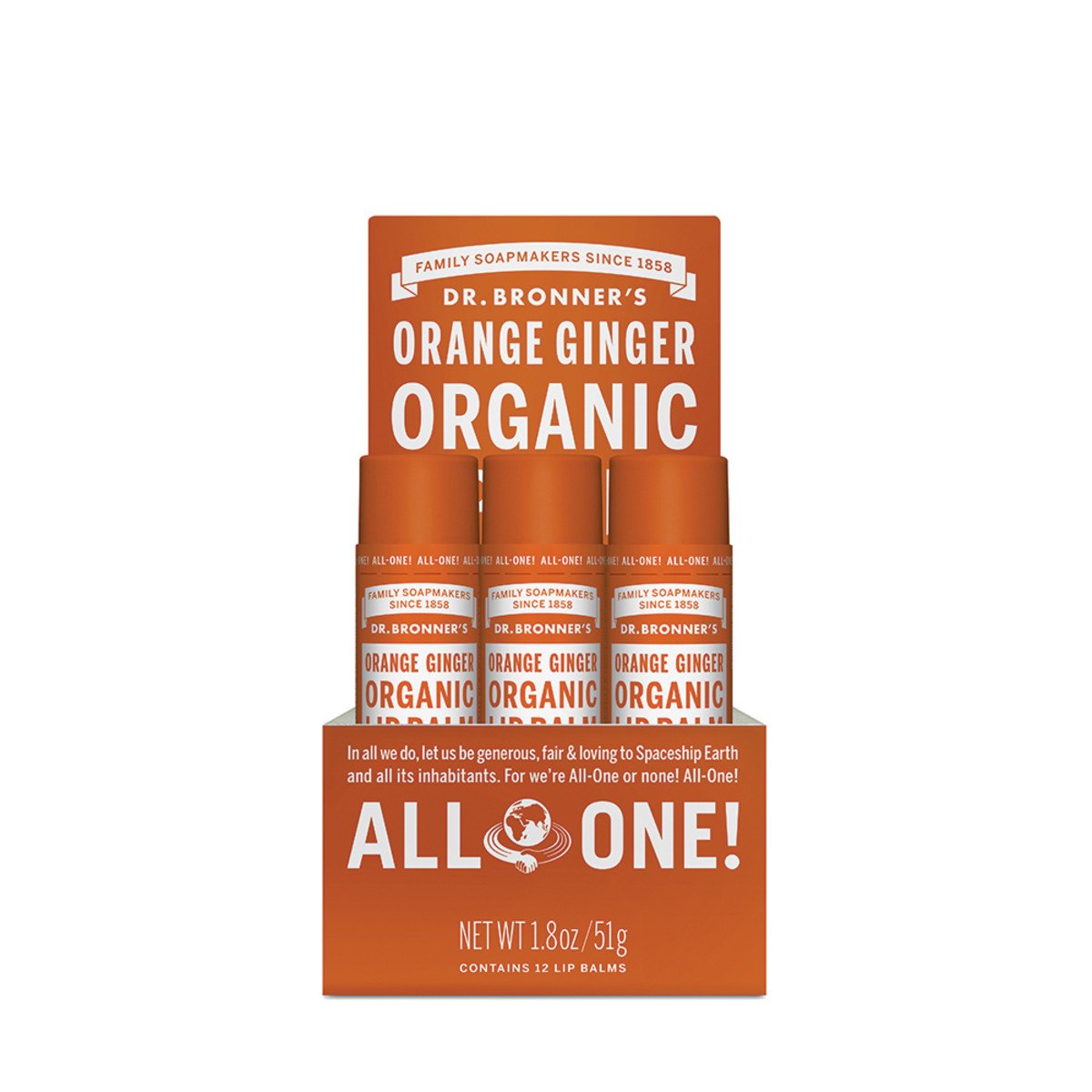 Dr.Bronner'S Organic Lip Balm Orange Ginger 4gx12 Display