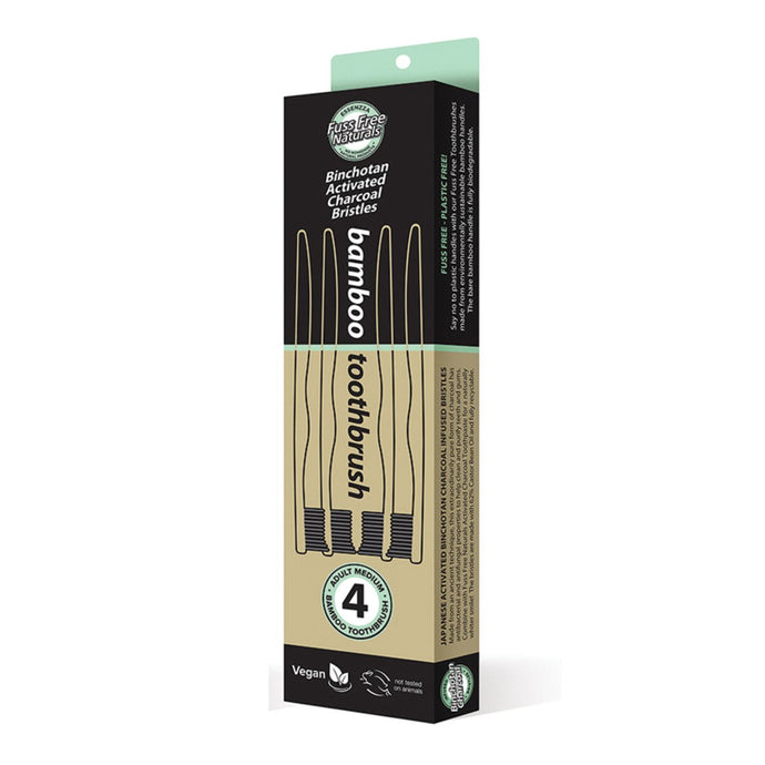 Essenzza Fuss Free Naturals Toothbrush Bamboo Activated Charcoal Medium 4 Pack