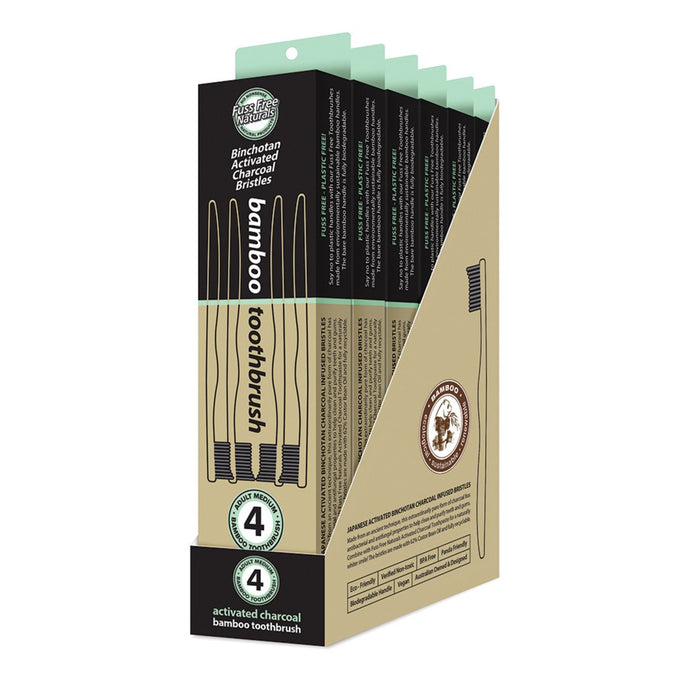 Essenzza Fuss Free Naturals Toothbrush Bamboo Activated Charcoal Medium 4x6 Display