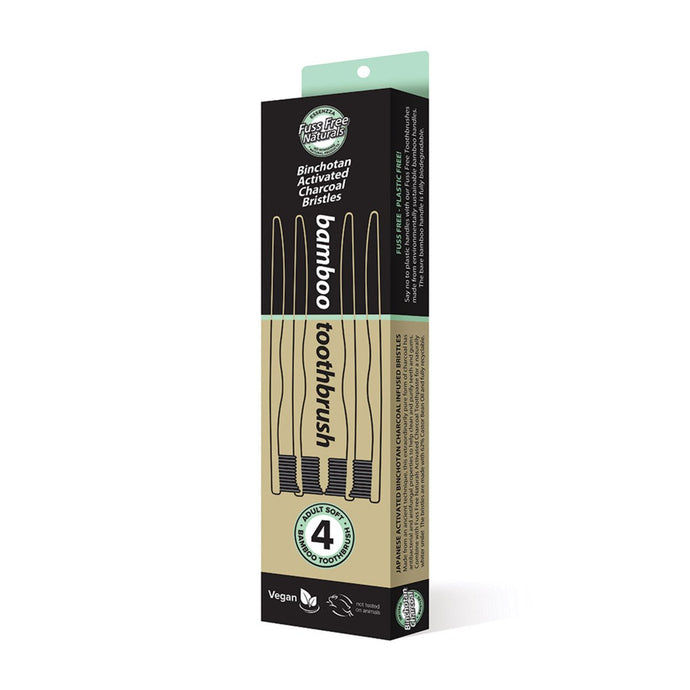 Essenzza Fuss Free Naturals Toothbrush Bamboo Activated Charcoal Soft 4 Pack