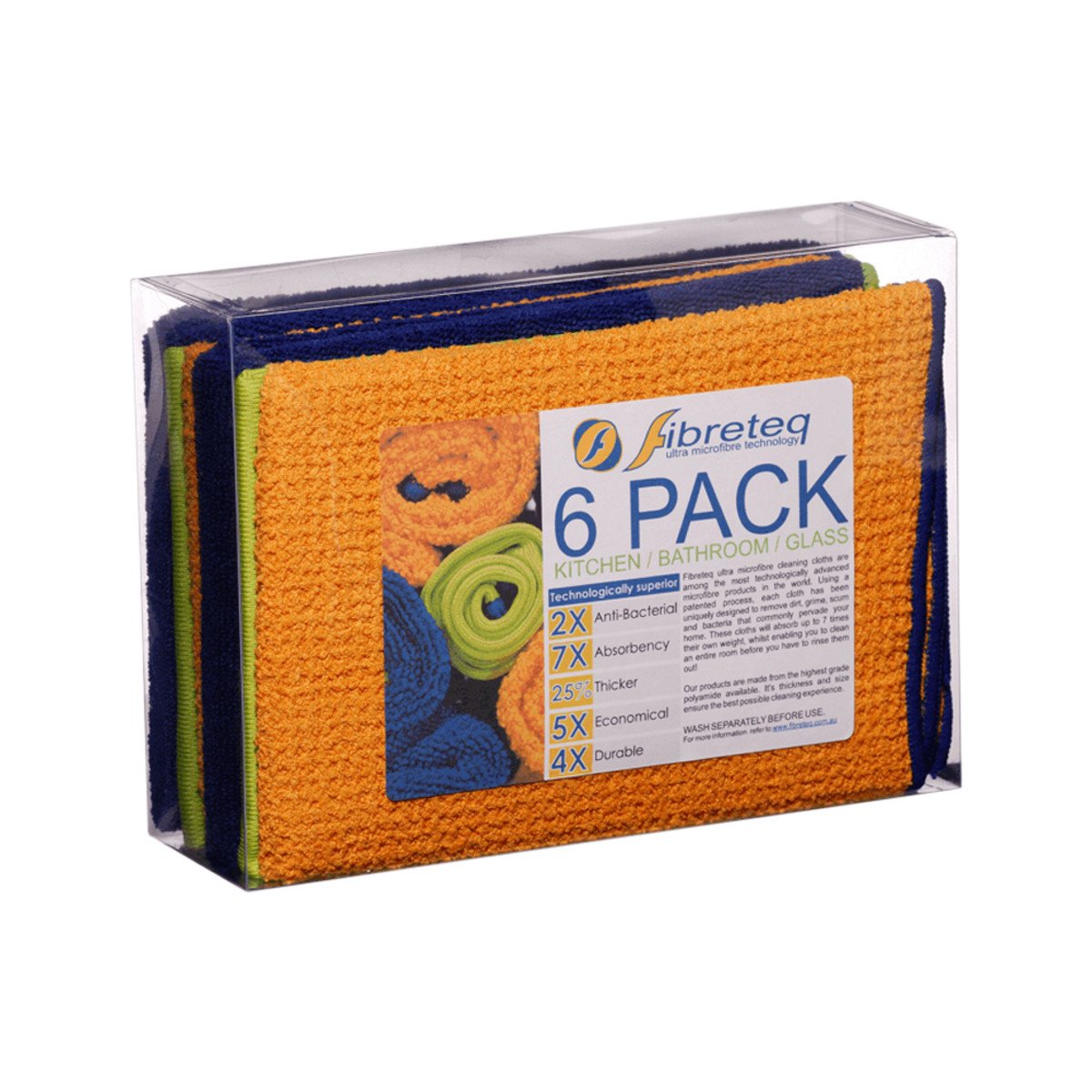Fibreteq Microfibre Cloth 6 Pack (2 Bathroom 2 Glass 2 Kitchen)