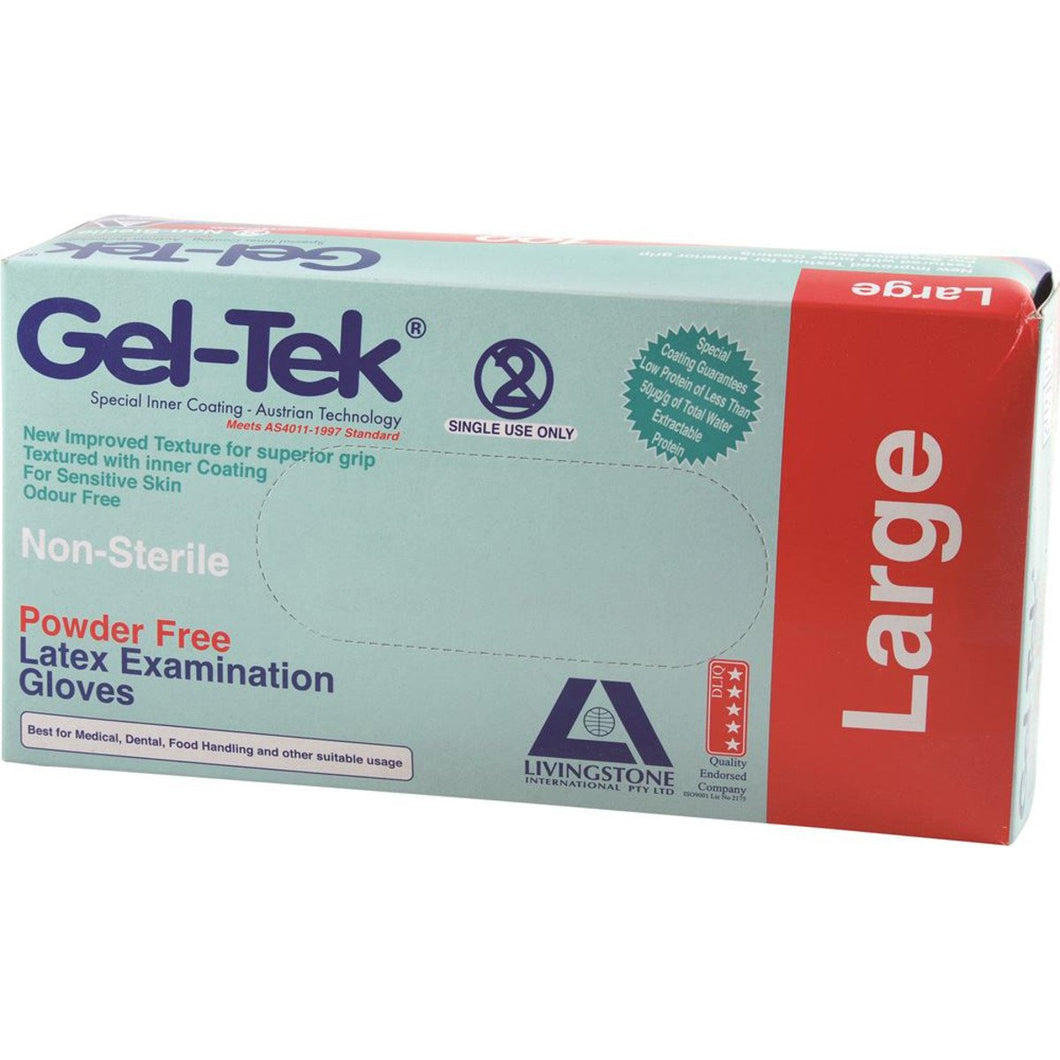 Gel Tek Latex Gloves Powder Free Large x 100 Pack