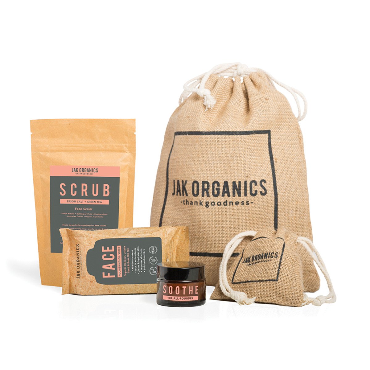 Jak Organics Jak Pack (Contains : 1 x Face Wipes x 25Pk 1 x Face Scrub 200g & 1 x Soothe Skin Balm 40ml)