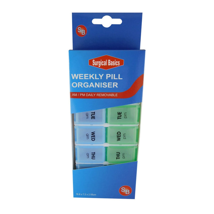 Surgical Basics Pill Box Weekly Pill Planner Removable (2 Per Day Am/Pm) Small (16.8 x 7.2 X2.55 Capsulesm)
