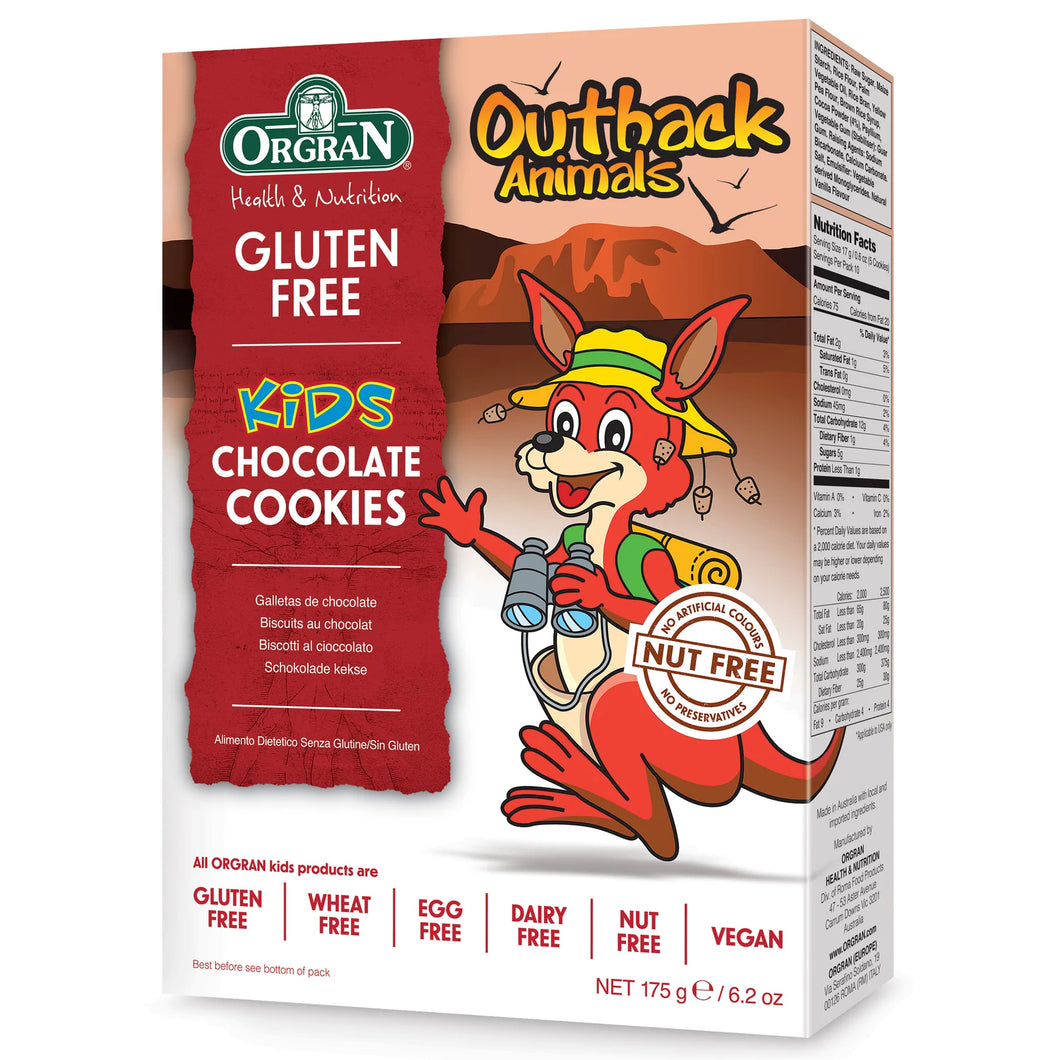Orgran, Gluten Free Kids Outback Animals, Chocolate Cookies, 175g x 8 in a carton