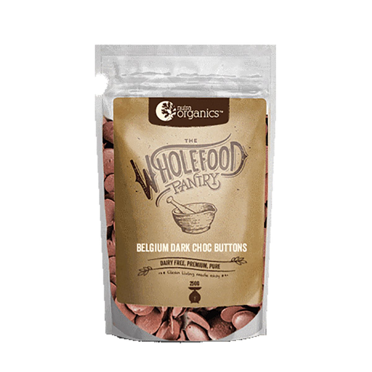 Nutra Organics The Wholefood Pantry Belgium Dark Choc Buttons Dairy Free 250g