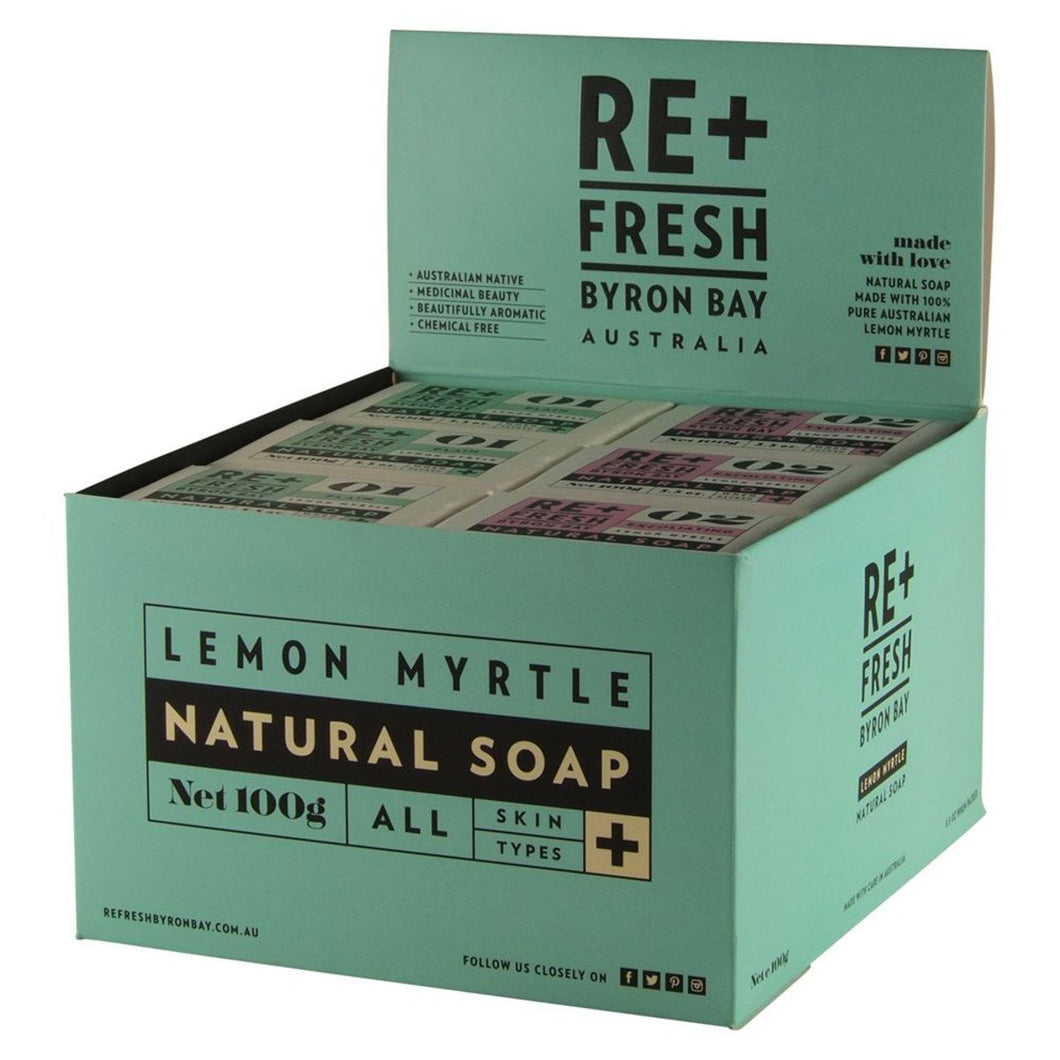 Re+Fresh Byron Bay Lemon Myrtle Natural Soap Mixed (Exfoliating & Plain) 100g x 24 Display