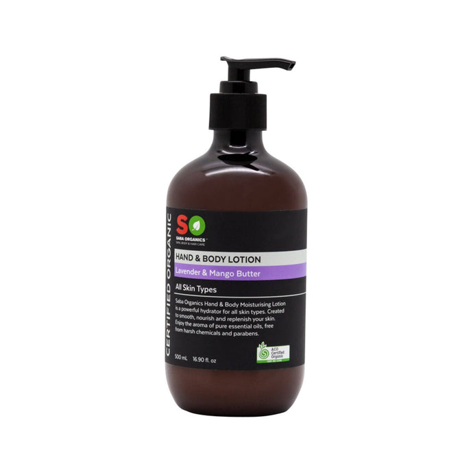 Saba Organics Certified Organic Hand & Body Lotion Lavender & Mango Butter 500ml