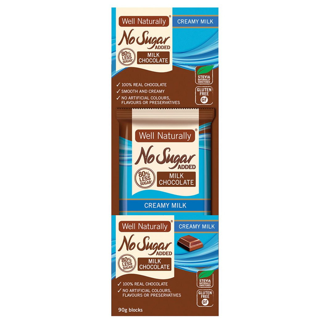 Well Naturally No Added Sugar Block Milk Chocolate Creamy Milk 90g x 12 Display