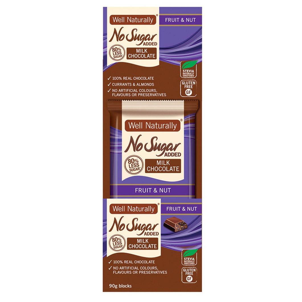 Well Naturally No Added Sugar Block Milk Chocolate Fruit & Nut 90g x 12 Display