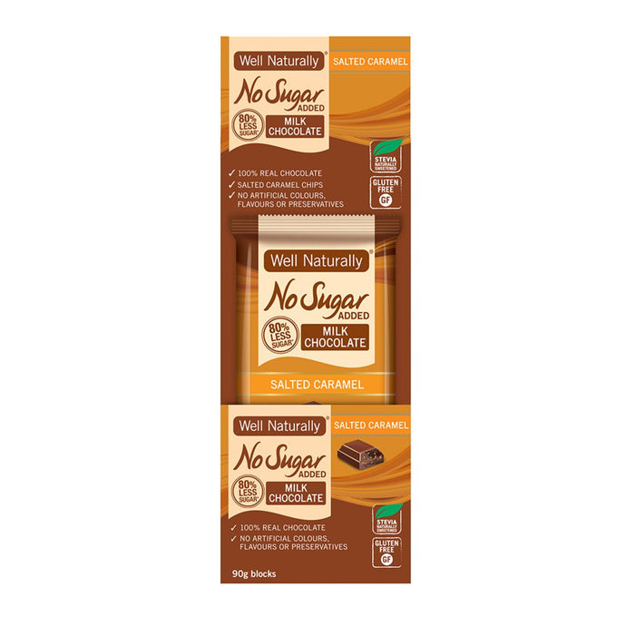 Well Naturally No Added Sugar Block Milk Chocolate Salted Caramel 90g x 12 Display